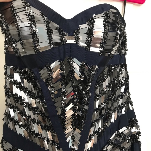 Sherri Hill Navy Blue Beaded Cocktail Dress - Picture 2 of 8